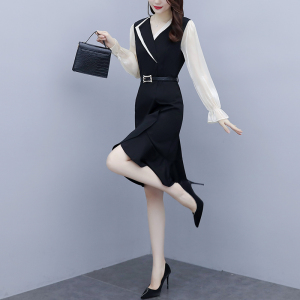 KM19890#大码女装2022秋季新款韩版法式收腰显瘦气质减龄鱼尾裙连衣裙