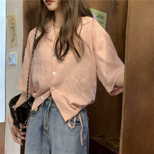 PS47812# 粉色V领韩版宽松短袖衬衫女抽绳设计感小众短款上衣 服装批发女装直播货源