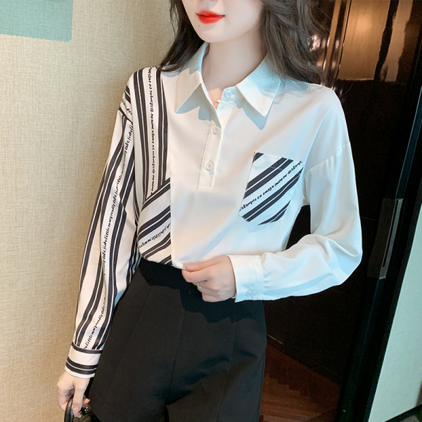 KM26592#港风黑白条设计感拼接衬衫女上衣时尚小众气质衬衣