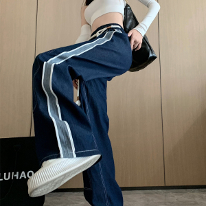 RM5106#复古水洗牛仔裤女拼接设计感宽松直筒阔腿拖地裤工装裤