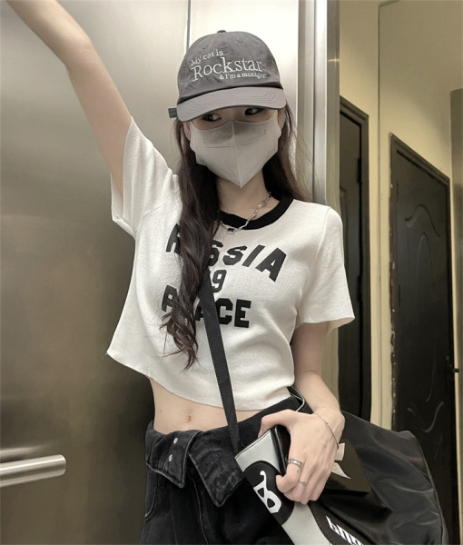 KM19803#辣妹字母印花美式短袖T恤女夏季修身短款露脐上衣