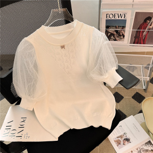 PS46651# 冰丝t恤女短袖白色新款夏季女装体恤小衫网纱泡泡袖v领上衣 服装批发女装直播货源