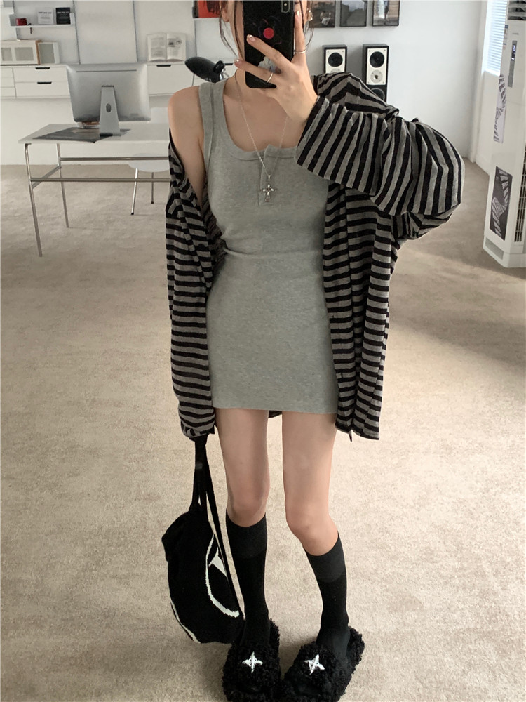 Actual shot of Korean style open-button ribbed dress, vest and short skirt + anti-stain thin mid-length cardigan jacket
