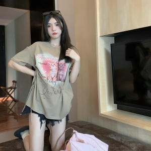 KM19954#大码胖mm韩版设计感猫咪印花短袖T恤女夏季新款宽松显瘦心机上衣