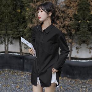 BF79#韩版纯色纯棉中长款长袖宽松休闲弧形下摆衬衫