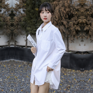 BF79#韩版纯色纯棉中长款长袖宽松休闲弧形下摆衬衫
