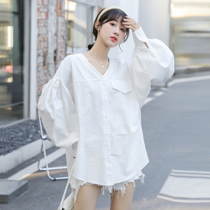 KM21125#韩版宽松休闲V领时尚设计感小众泡泡袖长款衬衣