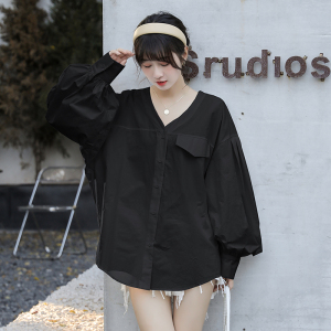 KM21125#韩版宽松休闲V领时尚设计感小众泡泡袖长款衬衣