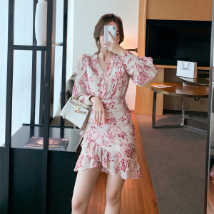RM1414#碎花雪纺连衣裙女2023春季长袖V领设计感包臀短款裙子