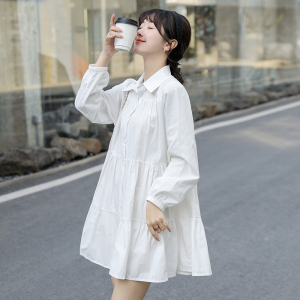 KM21126#韩版纯棉蛋糕衬衣裙女设计感小众长袖A字裙