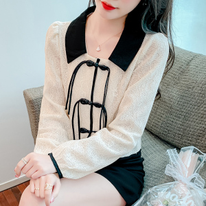 MY3606#秋装新款韩版修身翻领长袖蕾丝上衣开衫中式撞色衬衫