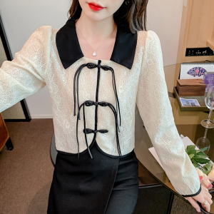 MY3606#秋装新款韩版修身翻领长袖蕾丝上衣开衫中式撞色衬衫