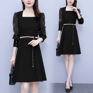 RM23808#大码女装2023秋季新款韩版时尚气质显瘦收腰长袖纯色连衣裙女