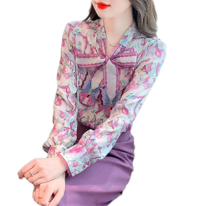 PS47531# 真丝衫女秋季新款时尚减龄印花气质飘带桑蚕丝上衣 服装批发女装直播货源
