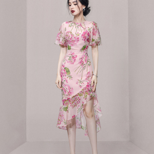 RM4370#夏女装新款气质粉色修身显瘦收腰不规则印花碎花连衣裙