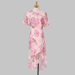 RM4370#夏女装新款气质粉色修身显瘦收腰不规则印花碎花连衣裙