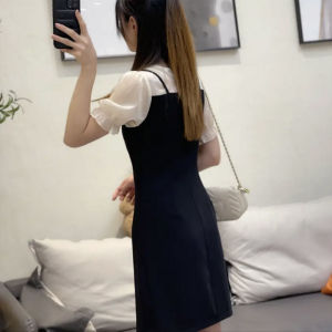 RM10294#高品质黑色不规则假两件连衣裙女夏季2022新款收腰显瘦气质裙子