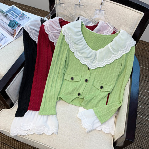 PS56775# 小香风毛衣早秋新款外套上衣修身娃娃领绿色针织开衫 服装批发