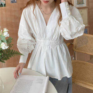 PS47640# 韩国chic设计感小众泡泡袖V领休闲长袖衬衫 服装批发女装直播货源
