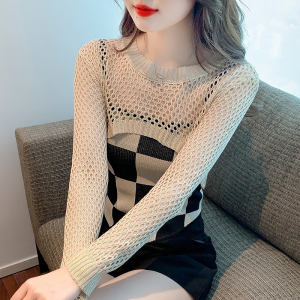 RM1038#新款韩版修身格子吊带+防晒镂空针织罩衫两件套