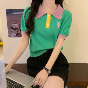 CX9475# 最便宜服饰批发 夏季韩版新款刺绣polo领t恤女小个子拼色百搭短袖针织衫上衣