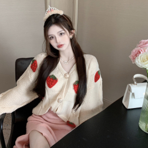 KM26713#新款V领草莓针织开衫上衣女韩版复古ins毛衣长袖外套潮