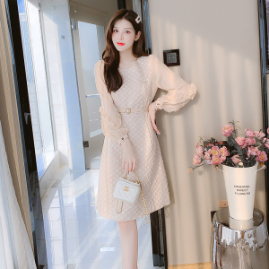 KM22806#秋季新款雪纺拼接长袖设计气质优雅时尚百搭韩版连衣裙