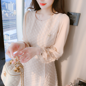 KM22806#秋季新款雪纺拼接长袖设计气质优雅时尚百搭韩版连衣裙