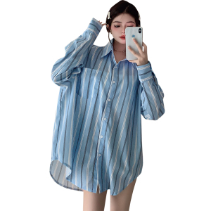 PS46969# 韩国早秋新款宽松后背字母印花拼色蓝白竖条纹长袖衬衫女