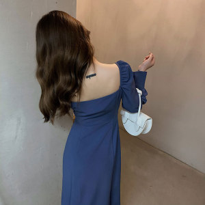 KM30238#蓝色连衣裙女2022秋装新款方领法式显瘦气质长袖开叉裙