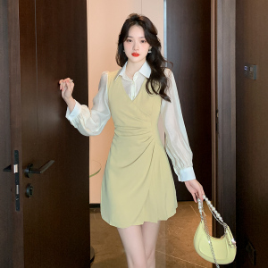 KM22404#早秋新款韩版假两件衬衫裙子新款法式POO领长袖连衣裙时尚