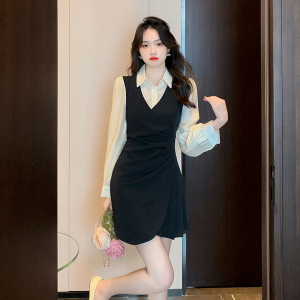 KM22404#早秋新款韩版假两件衬衫裙子新款法式POO领长袖连衣裙时尚