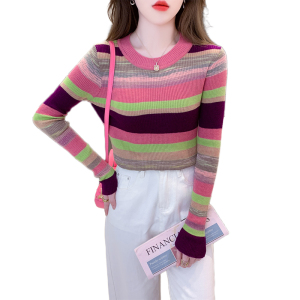RM23077#羊毛秋冬新款彩虹色条纹针织衫长袖上衣女薄款减龄毛衣打底