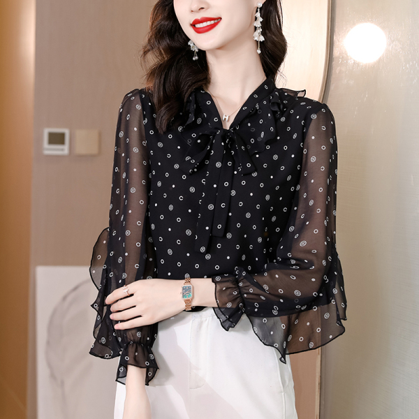 RM20957#时尚的衬衫女内搭打底印花飘带早秋黑色气质甜美别致法式上衣