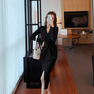 RM1415#气质女神开叉连衣裙秋款女装修身扭结V领长款包臀裙