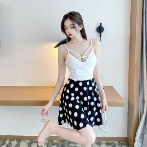 Strap low chest wave point splicing sling large swing dress
