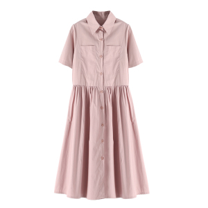 KM20888#韩版甜心淘气粉色短袖衬衫连衣裙女气质显瘦长裙