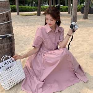 KM20888#韩版甜心淘气粉色短袖衬衫连衣裙女气质显瘦长裙