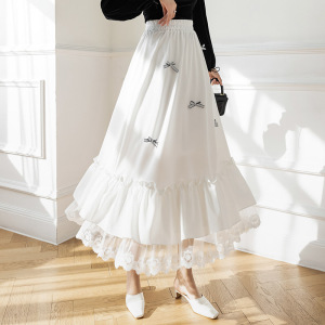 PS46994# 秋季新款蕾丝拼接半身裙气质a字大摆中长裙高腰显瘦垂感长裙