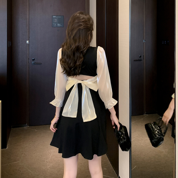 RM1315#新款法式方领珍珠网纱蝴蝶结拼接小黑裙