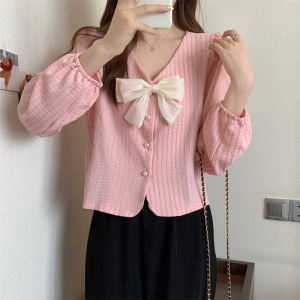 KM20266#韩版法式设计感气质小众泡泡袖衬衫
