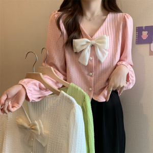 KM20266#韩版法式设计感气质小众泡泡袖衬衫