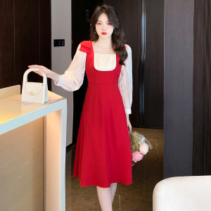 KM20222#新款蝴蝶结拼接修身中长款红色礼服连衣裙