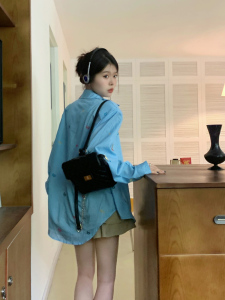 PS46972# 港味韩系chic减龄蓝色条纹长袖衬衫女秋季薄款防晒衫宽松上衣