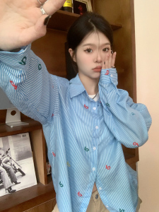 PS46972# 港味韩系chic减龄蓝色条纹长袖衬衫女秋季薄款防晒衫宽松上衣