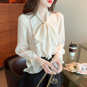 RM21207#超仙甜美法式别致小上衣杏色衬衫女蝴蝶结长袖设计感衬衣