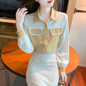 RM21198#都市新款时尚简约拼色设计感女士气质长袖衬衫