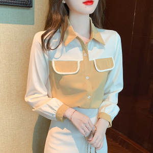 KM20789#秋季都市新款时尚简约拼色设计感女士气质长袖衬衫