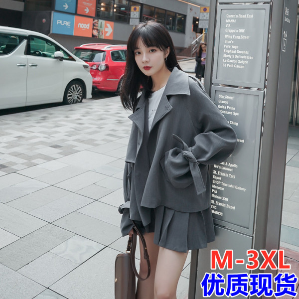 KM28805#韩版春秋小西装套装女时尚百搭小个子百褶裙小香风两件套