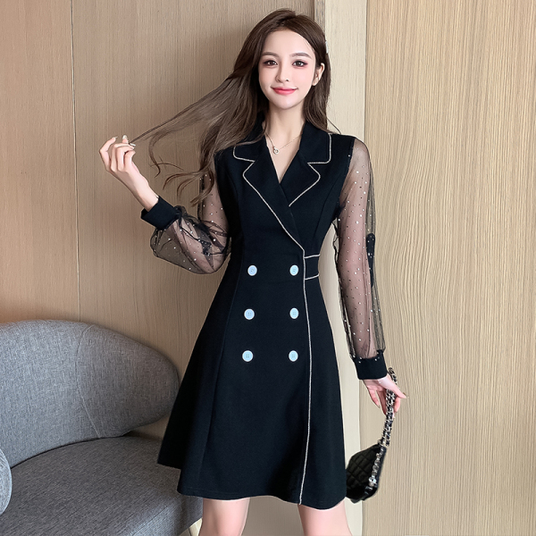 KM23933#秋季时尚西装连衣裙气质显瘦小黑裙